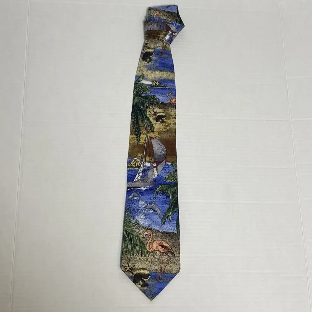 Tropicals by Tango Mens Silk Tie Flamingo Dolphins Sailboat Beach Resort Novelty